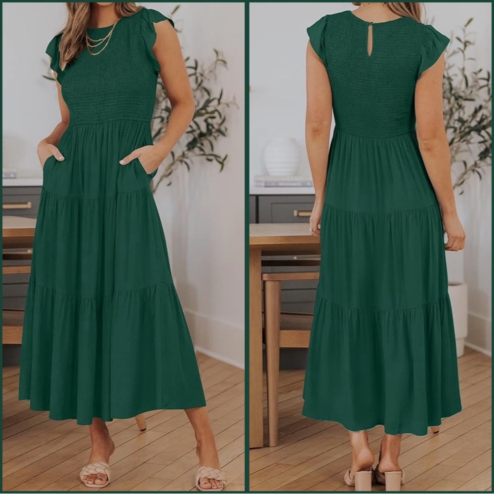 Casual Flutter Short Sleeve Crew Neck Smocked Elastic Waist Tiered Midi Dress